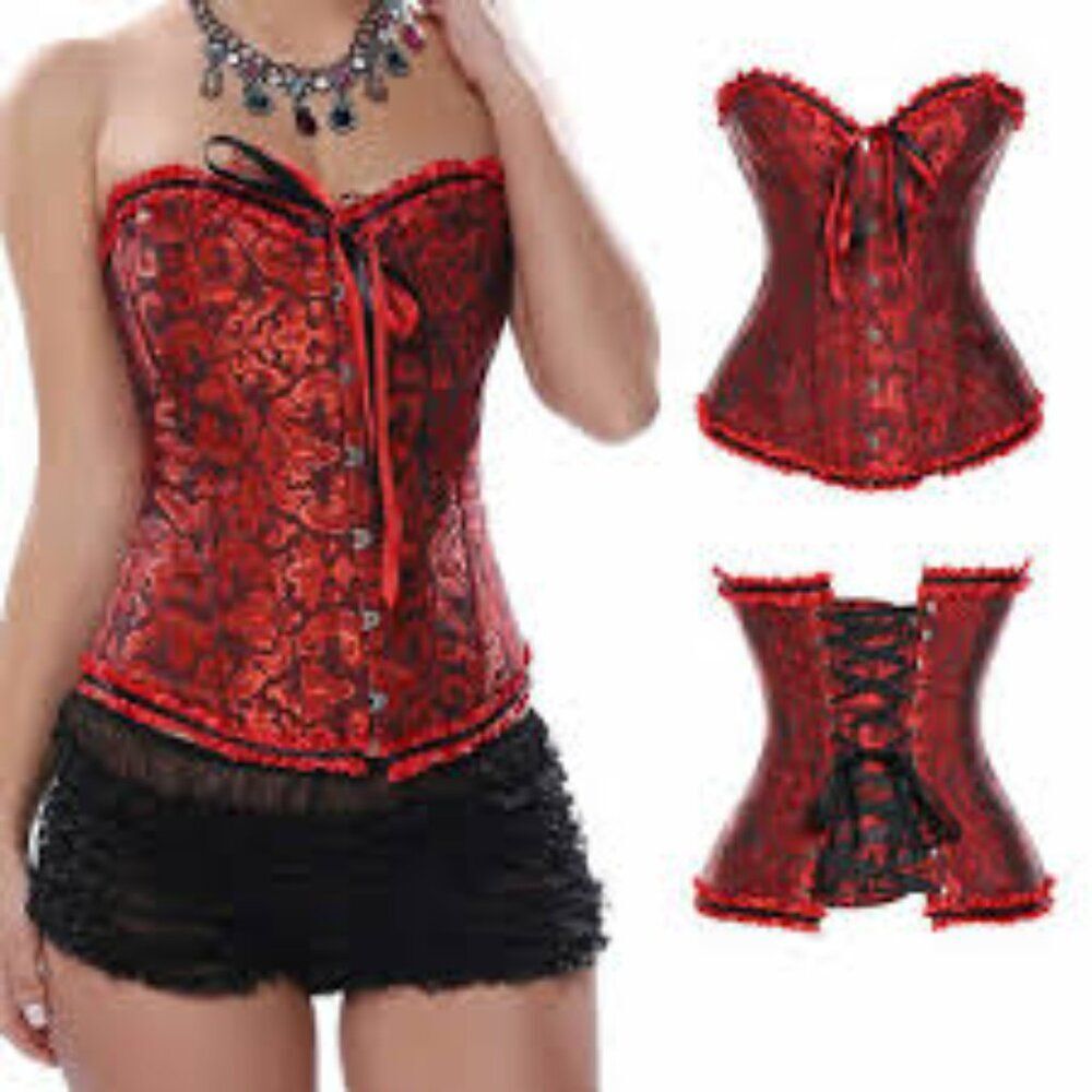 -443 Women's Red Floral Strapless Lace Up‎ Corset Bustier Valentine’s - Medium